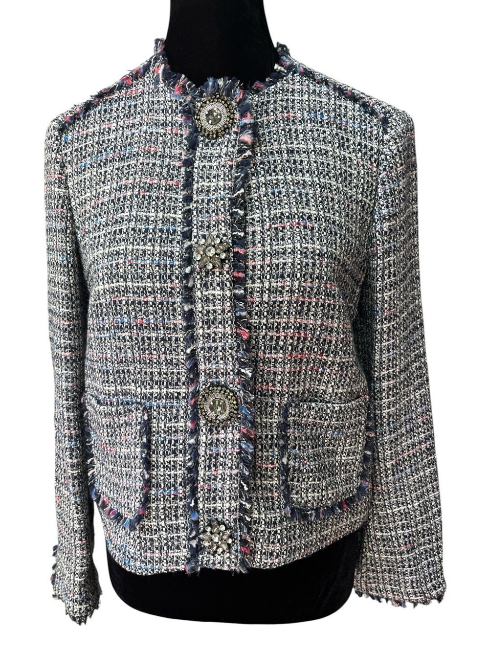 ZARA Cropped Tweed Blazer Rhinestone Snap Buttons Jacket Size Small